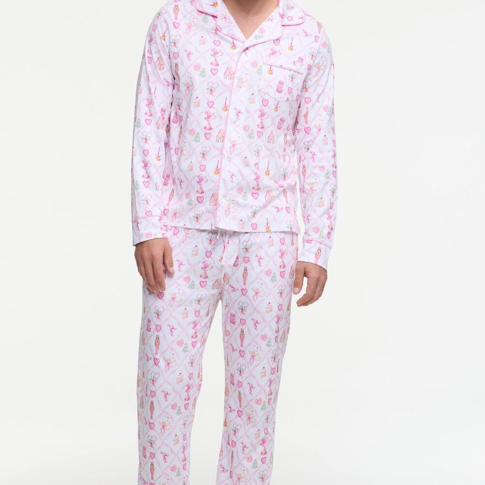 Roller Rabbit Mens Sugarplum Lattice Long Sleeve Polo Pajamas Size MPINK / M